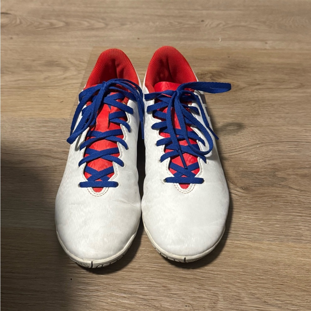Adidas White Indoor Soccer Cleats with Blue Laces